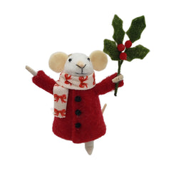 Souris en laine d'or 11,5 x 11,5 cm, manteau rouge, tenant une feuille de houx verte