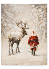 Peinture à l'huile (Père Noël/cerf) sur toile et bois