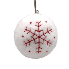 Boule de feutre ORN 4″X4″ blanche avec flocon de neige rouge brodé
