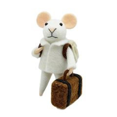Souris En Laine Orn, Manteau Blanc 7,6 X 11,4 Cm Avec Valise De Voyage Marron